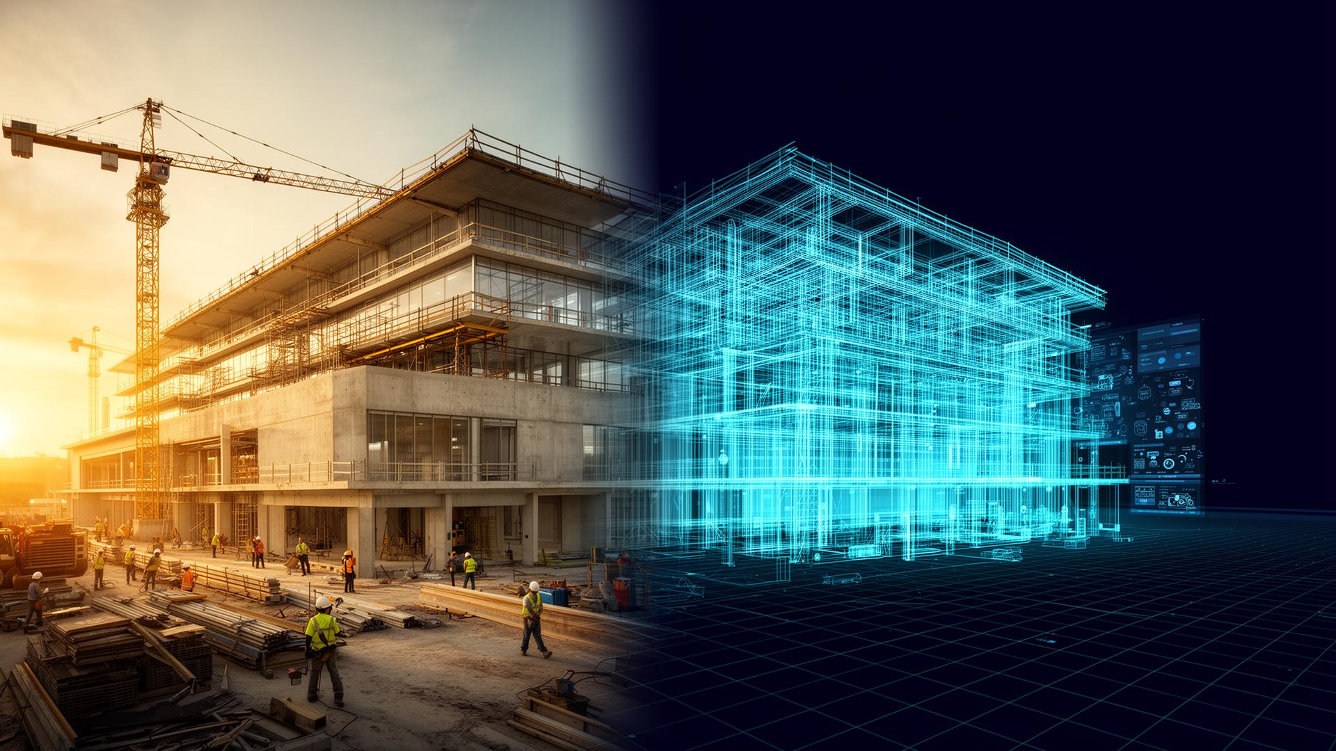 Obra pública sob visualização BIM 5D — metade realista, metade estrutura wireframe
